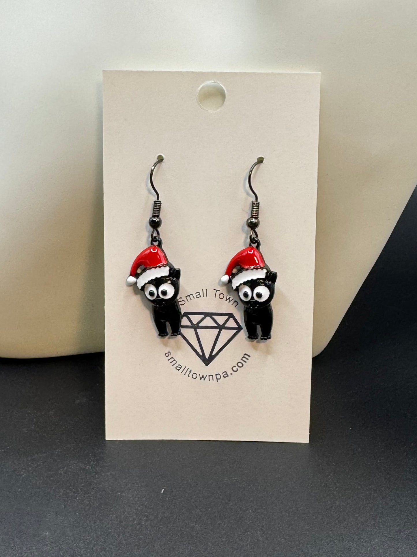 Black Cat With Santa Hat Dangle Earrings
