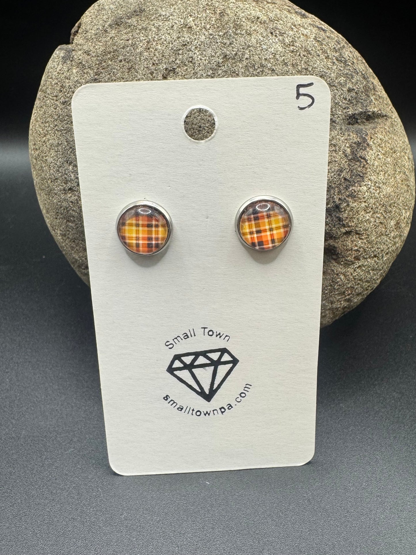 Orange Plaid Stud Earrings