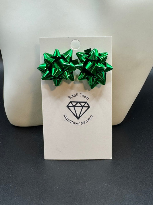 Green Bow Stud Earrings