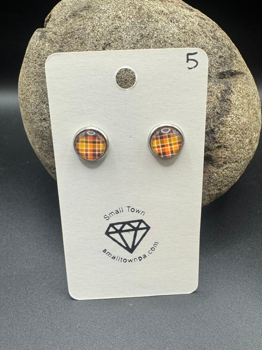 Orange Plaid Stud Earrings