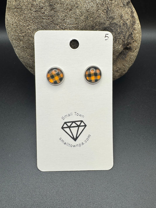 Orange and Black Plaid Stud Earrings