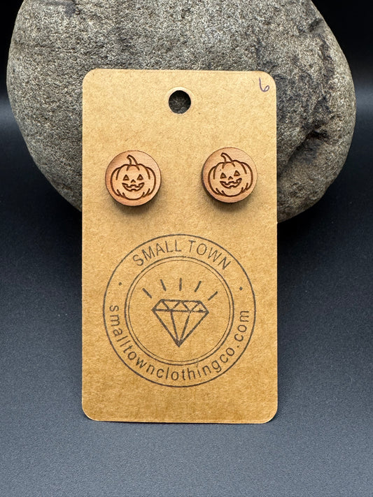 Round Wooden Pumpkin Stud Earrings