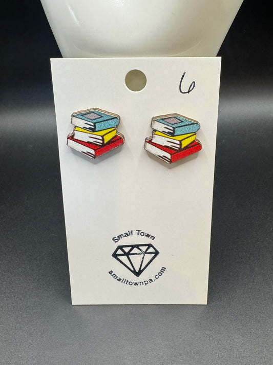 Stacked Books Wooden Stud Earrings