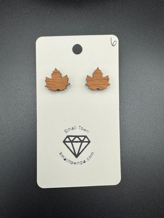 Wooden Maple Leaf Stud Earrings
