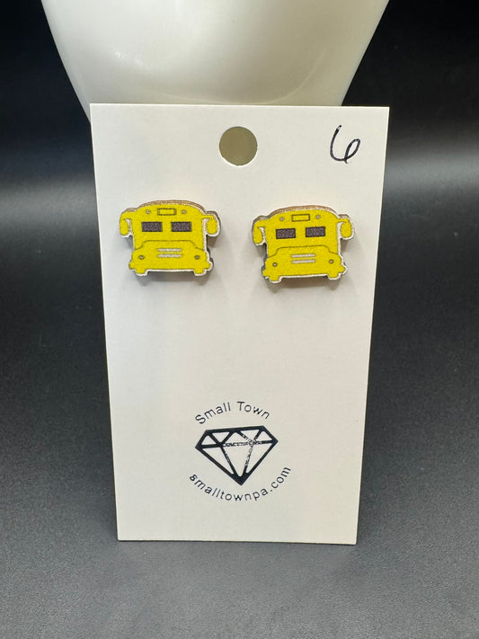 Wooden School Bus Stud Earrings
